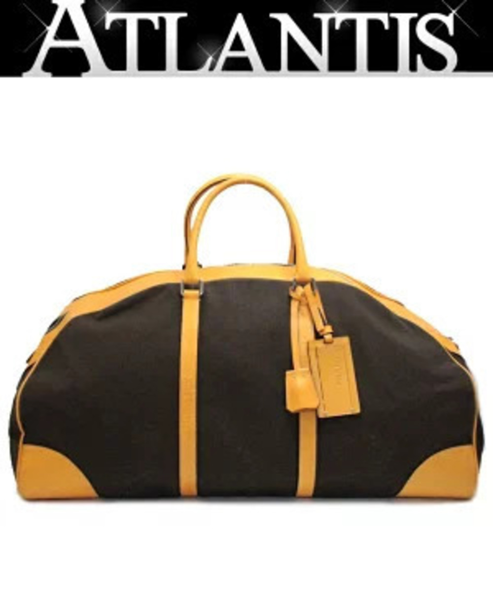 Prada Triangle Boston Bag Travel Canvas Leather Brown Orange